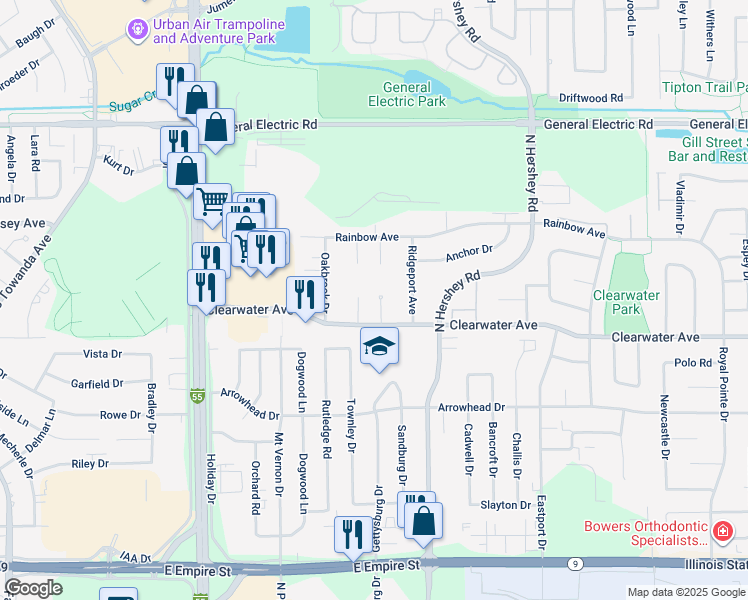 map of restaurants, bars, coffee shops, grocery stores, and more near 11 Sunshine Court in Bloomington