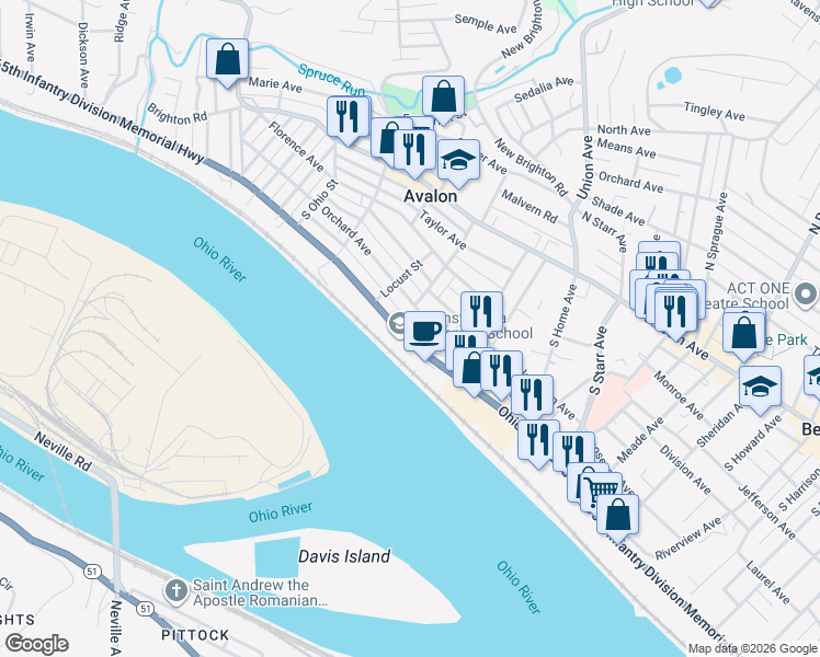 map of restaurants, bars, coffee shops, grocery stores, and more near 811 Peach Alley in Avalon