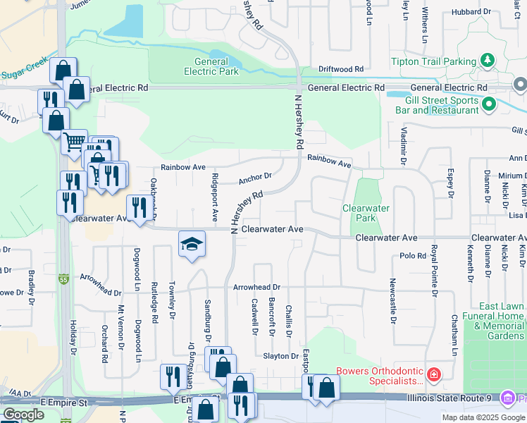 map of restaurants, bars, coffee shops, grocery stores, and more near 1501 North Hershey Road in Bloomington