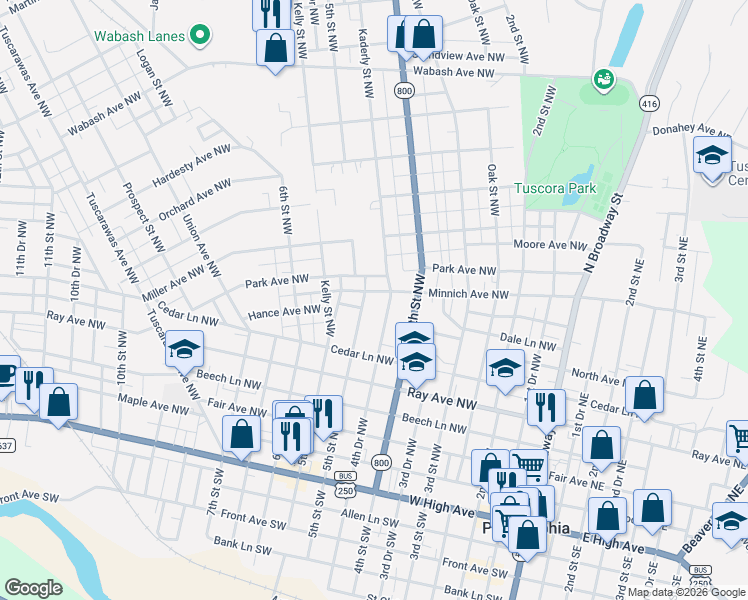map of restaurants, bars, coffee shops, grocery stores, and more near 421 4th Drive Northwest in New Philadelphia