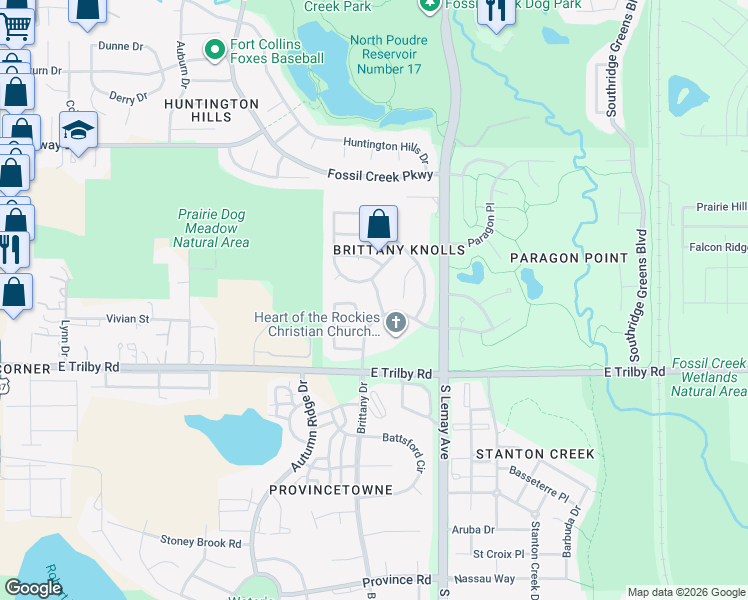 map of restaurants, bars, coffee shops, grocery stores, and more near 6443 Edgeware St in Fort Collins
