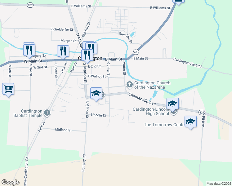 map of restaurants, bars, coffee shops, grocery stores, and more near 210 Nichols Street in Cardington