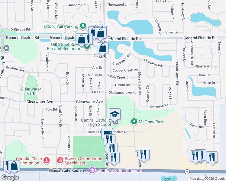 map of restaurants, bars, coffee shops, grocery stores, and more near 3106 Old Jamestown Road in Bloomington