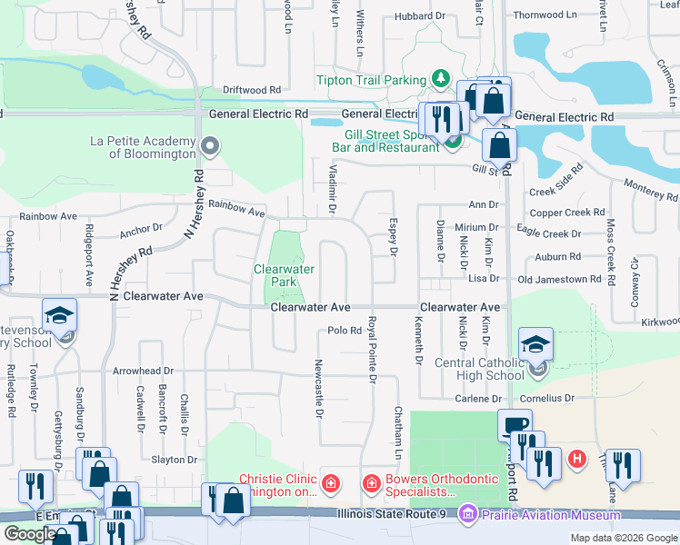 map of restaurants, bars, coffee shops, grocery stores, and more near 49 Bandecon Way in Bloomington