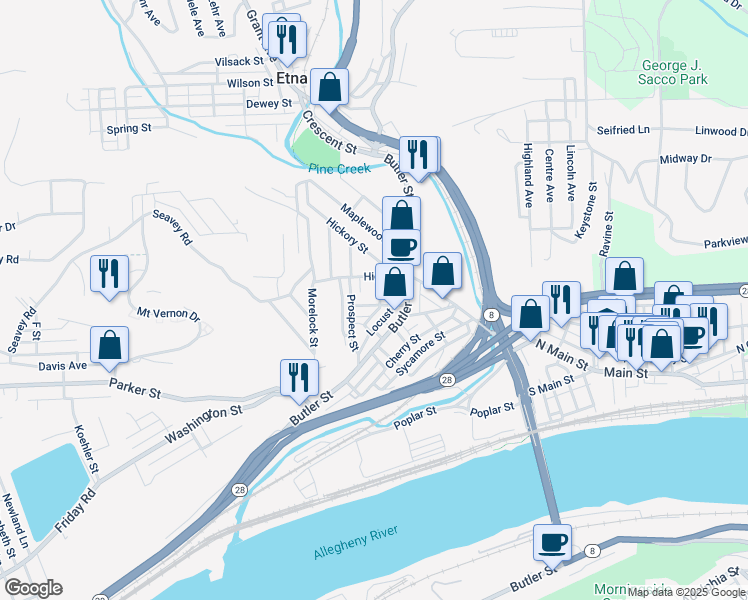 map of restaurants, bars, coffee shops, grocery stores, and more near 24 Walnut Street in Etna
