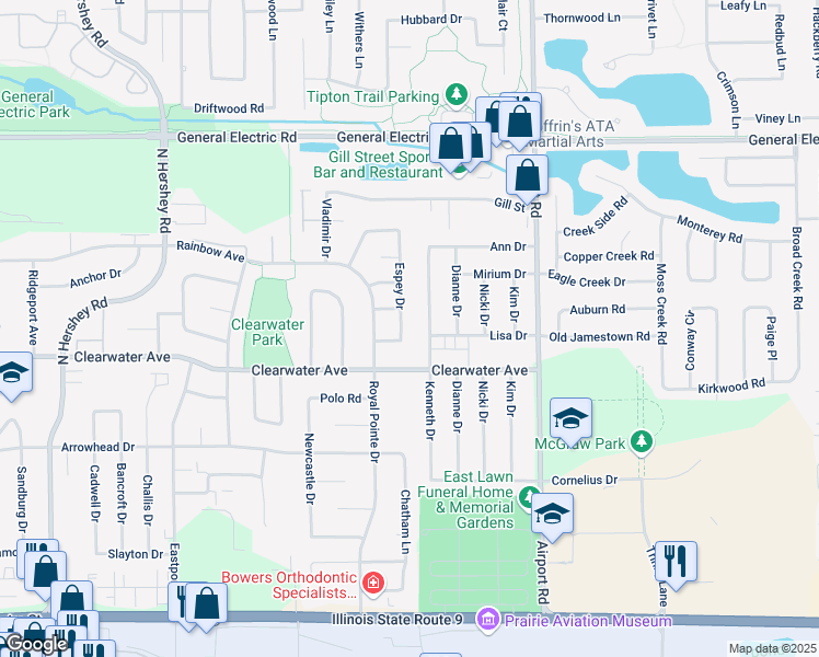 map of restaurants, bars, coffee shops, grocery stores, and more near 1505 Espey Drive in Bloomington