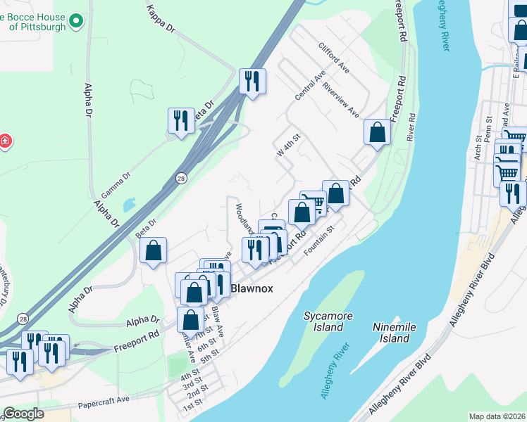 map of restaurants, bars, coffee shops, grocery stores, and more near 1147 Fairview Avenue in Pittsburgh