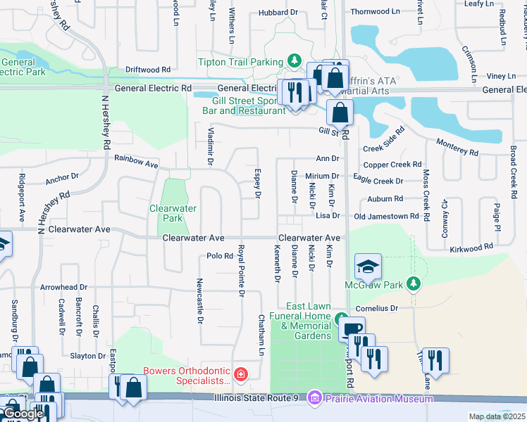 map of restaurants, bars, coffee shops, grocery stores, and more near 1505 Espey Drive in Bloomington