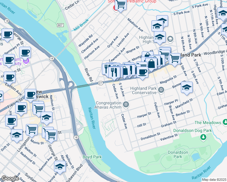 map of restaurants, bars, coffee shops, grocery stores, and more near 31 Cedar Avenue in Highland Park