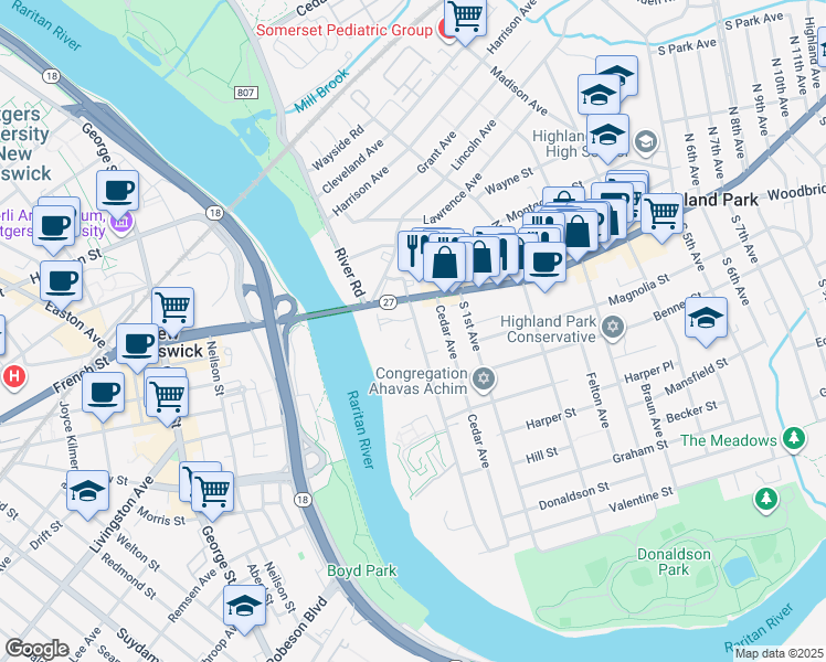 map of restaurants, bars, coffee shops, grocery stores, and more near 2 Penzias Place in Highland Park