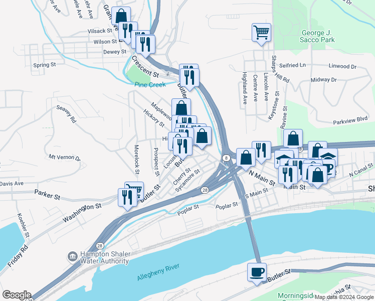 map of restaurants, bars, coffee shops, grocery stores, and more near 363 Butler Street in Etna