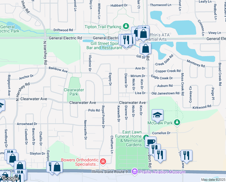 map of restaurants, bars, coffee shops, grocery stores, and more near 1505 Espey Drive in Bloomington