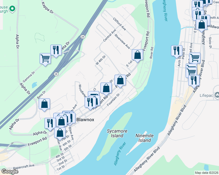 map of restaurants, bars, coffee shops, grocery stores, and more near 520 Maple Way in Blawnox