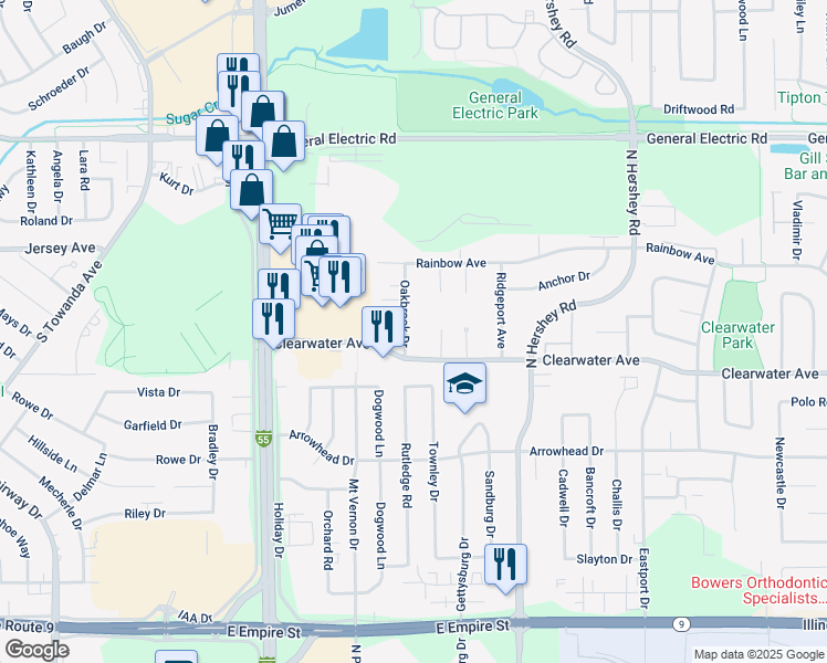 map of restaurants, bars, coffee shops, grocery stores, and more near 1407 Oakbrook Drive in Bloomington