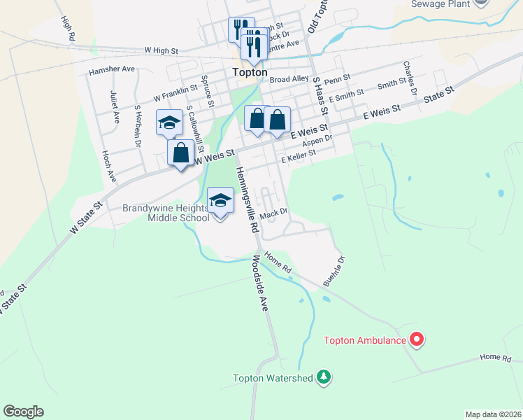 map of restaurants, bars, coffee shops, grocery stores, and more near 18 Mack Drive in Topton