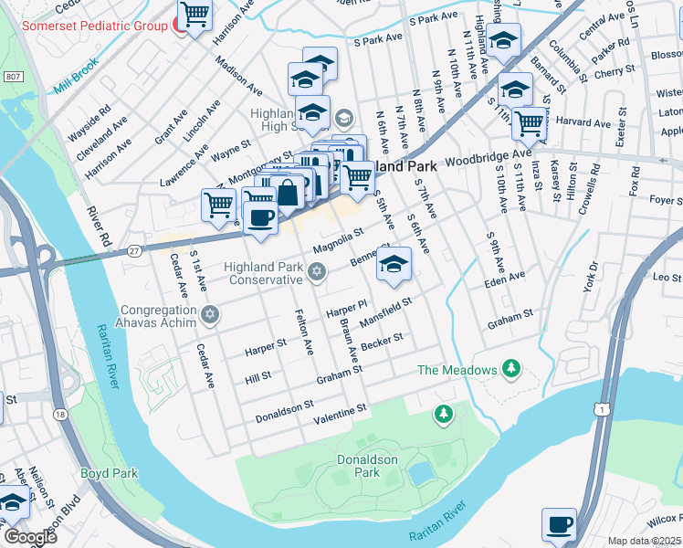 map of restaurants, bars, coffee shops, grocery stores, and more near 328 Benner Street in Highland Park