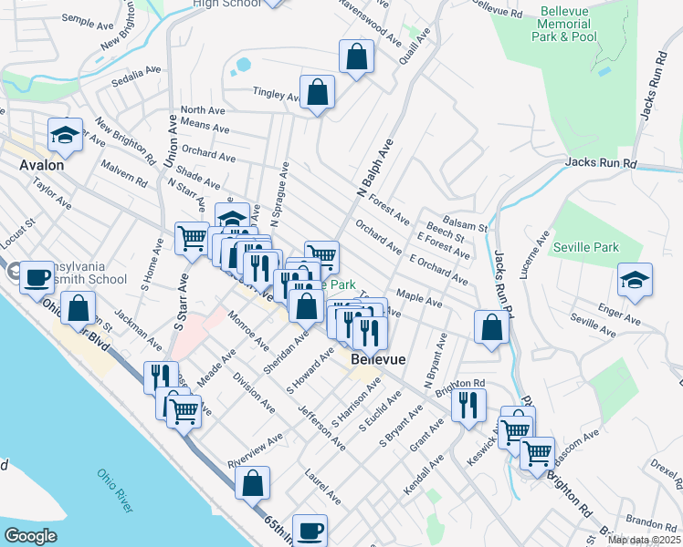 map of restaurants, bars, coffee shops, grocery stores, and more near 464 Teece Avenue in Pittsburgh