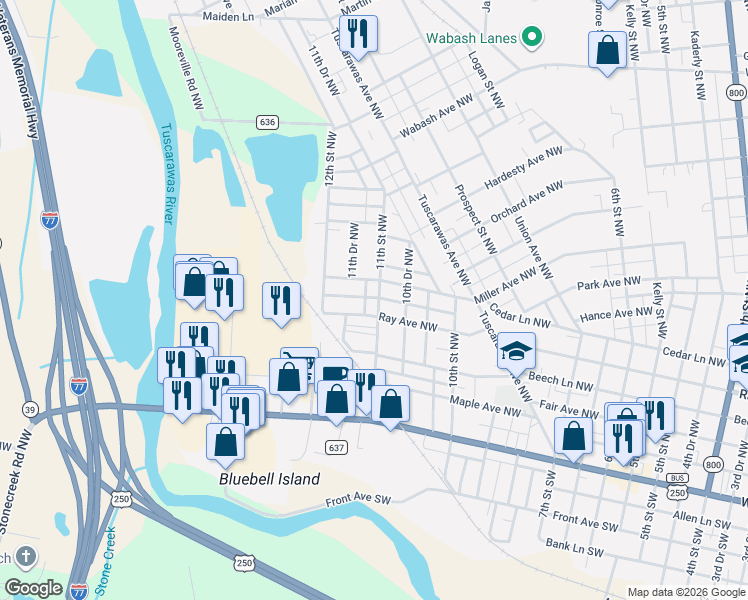 map of restaurants, bars, coffee shops, grocery stores, and more near 414 11th Street Northwest in New Philadelphia