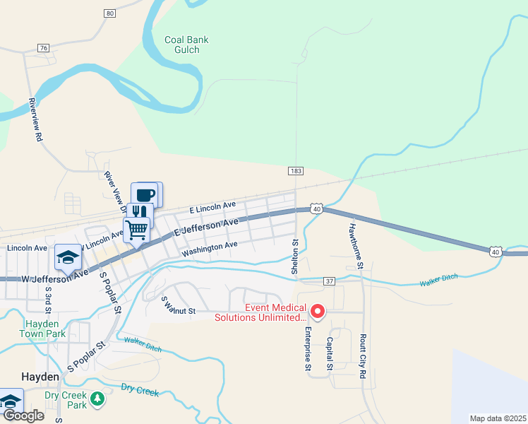 map of restaurants, bars, coffee shops, grocery stores, and more near 155 North Maple Street in Hayden