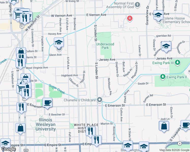 map of restaurants, bars, coffee shops, grocery stores, and more near 1301 South Linden Street in Normal