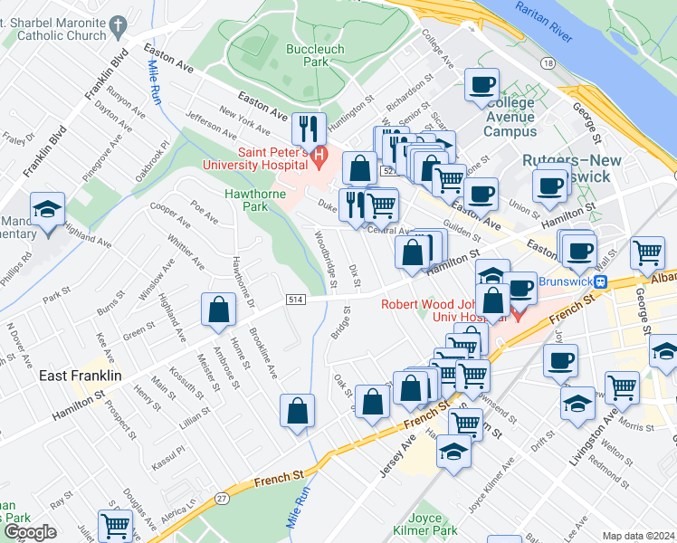 map of restaurants, bars, coffee shops, grocery stores, and more near 7 Woodbridge Street in New Brunswick
