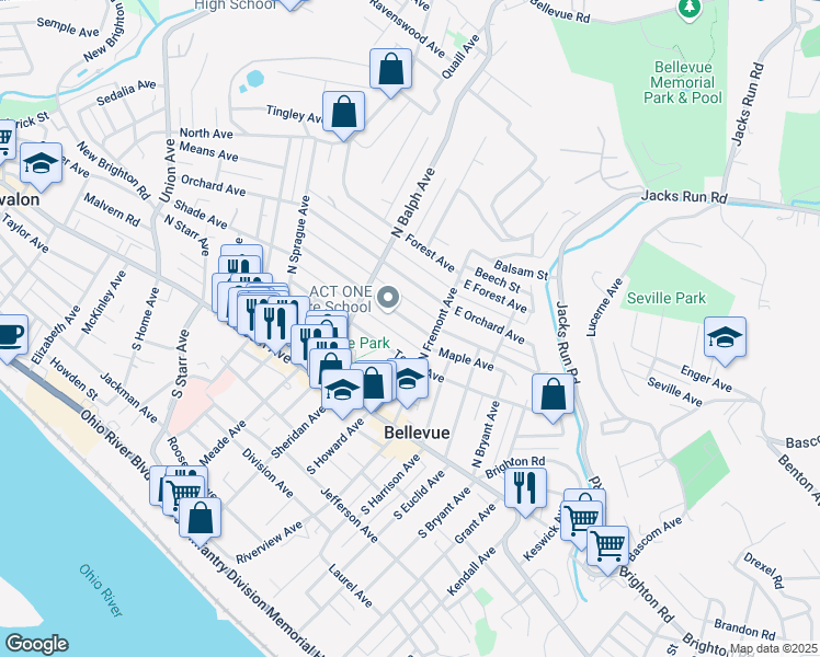 map of restaurants, bars, coffee shops, grocery stores, and more near 425 Dawson Avenue in Pittsburgh