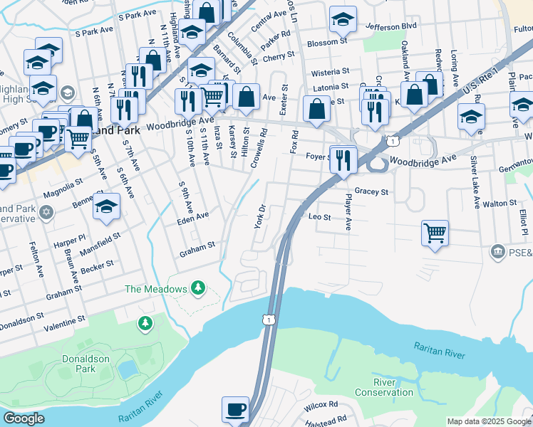 map of restaurants, bars, coffee shops, grocery stores, and more near 21 York Drive in Edison