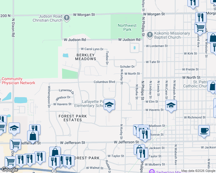 map of restaurants, bars, coffee shops, grocery stores, and more near 1658 West Broadway Street in Kokomo