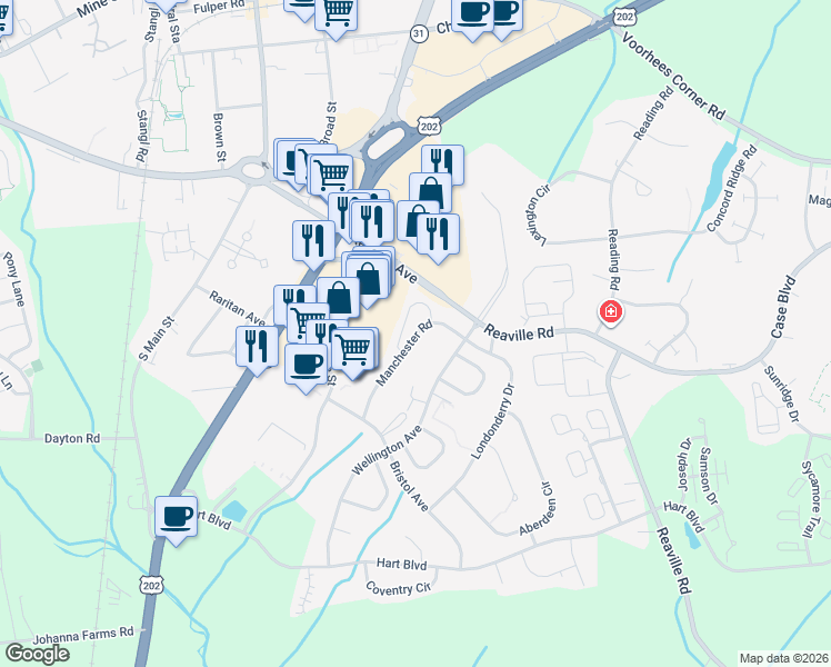 map of restaurants, bars, coffee shops, grocery stores, and more near 13 Manchester Road in Flemington