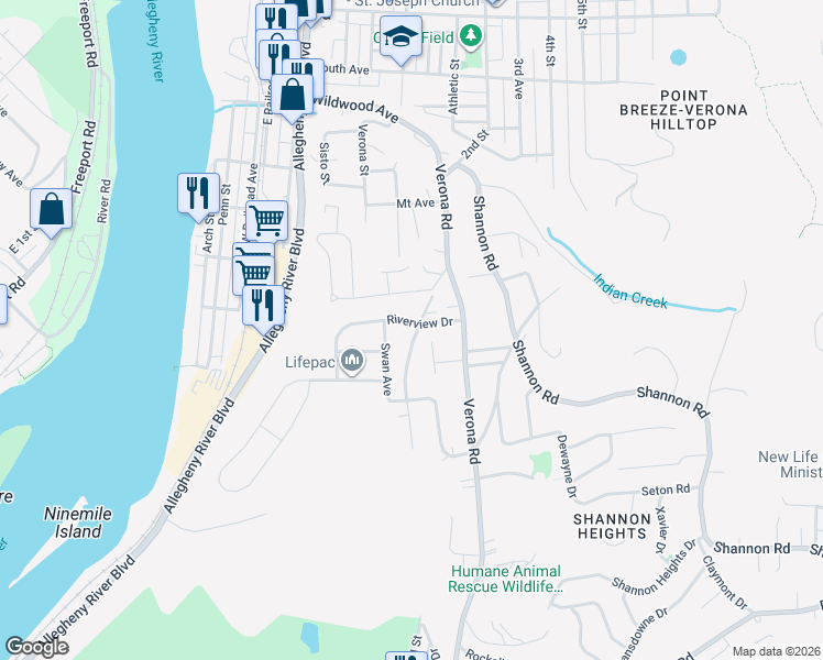 map of restaurants, bars, coffee shops, grocery stores, and more near 1426 Riverview Drive in Verona