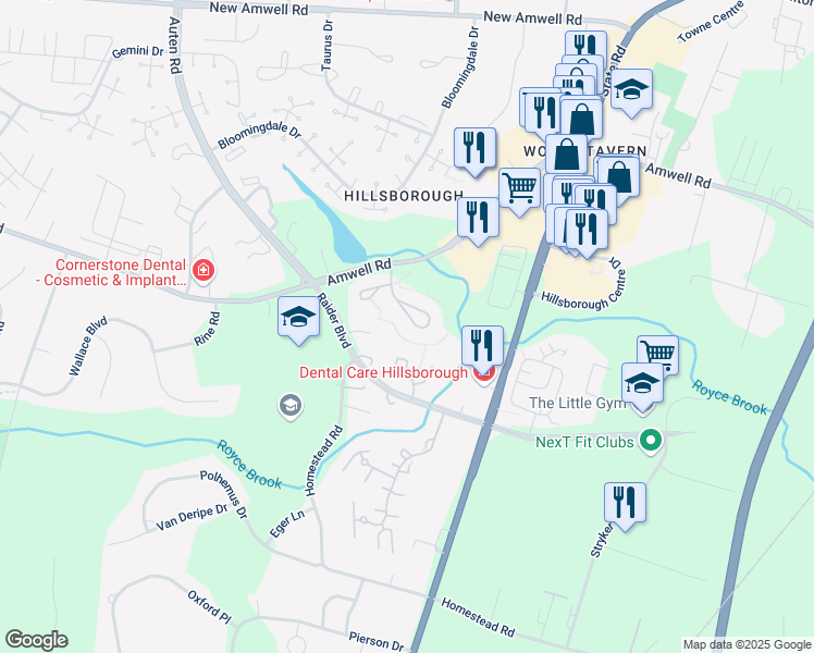 map of restaurants, bars, coffee shops, grocery stores, and more near 10 Manor Drive in Somerset County