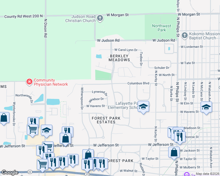 map of restaurants, bars, coffee shops, grocery stores, and more near 1113 North Berkley Road in Kokomo