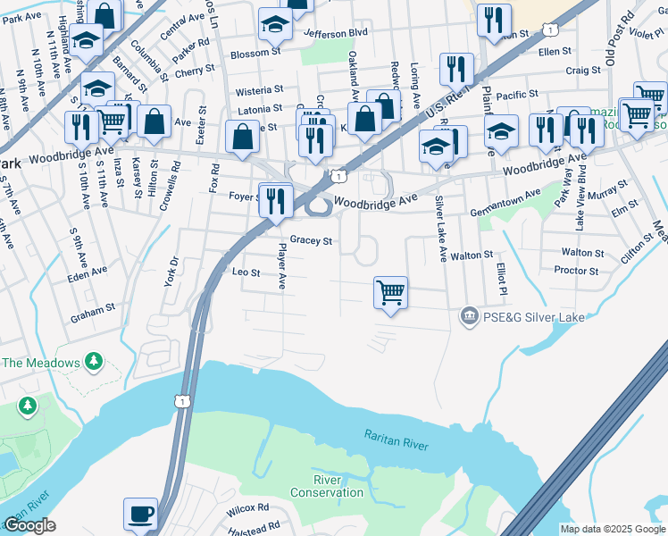 map of restaurants, bars, coffee shops, grocery stores, and more near 58 Lloyd Street in Edison