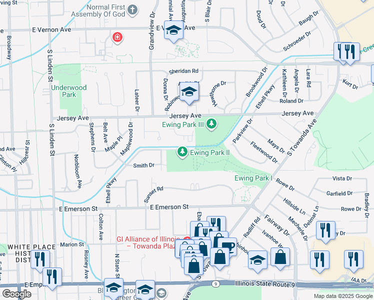 map of restaurants, bars, coffee shops, grocery stores, and more near 899 Ethell Parkway in Normal
