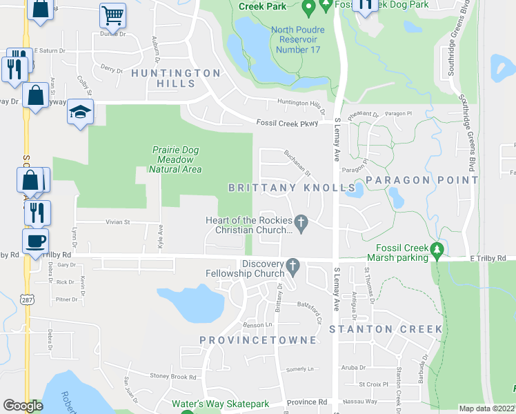 map of restaurants, bars, coffee shops, grocery stores, and more near 802 Courtenay Circle in Fort Collins