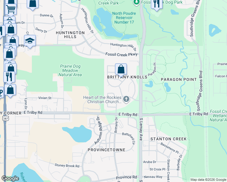 map of restaurants, bars, coffee shops, grocery stores, and more near 6443 Edgeware Street in Fort Collins