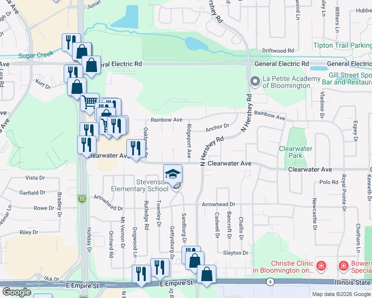 map of restaurants, bars, coffee shops, grocery stores, and more near 1410 Ridgeport Avenue in Bloomington