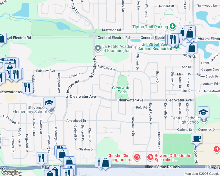 map of restaurants, bars, coffee shops, grocery stores, and more near 1410 Mill Creek Road in Bloomington