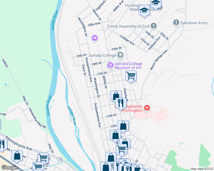 map of restaurants, bars, coffee shops, grocery stores, and more near 1527 Mifflin Street in Huntingdon