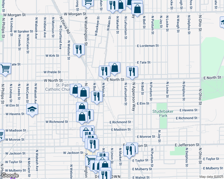 map of restaurants, bars, coffee shops, grocery stores, and more near 1221 North Union Street in Kokomo