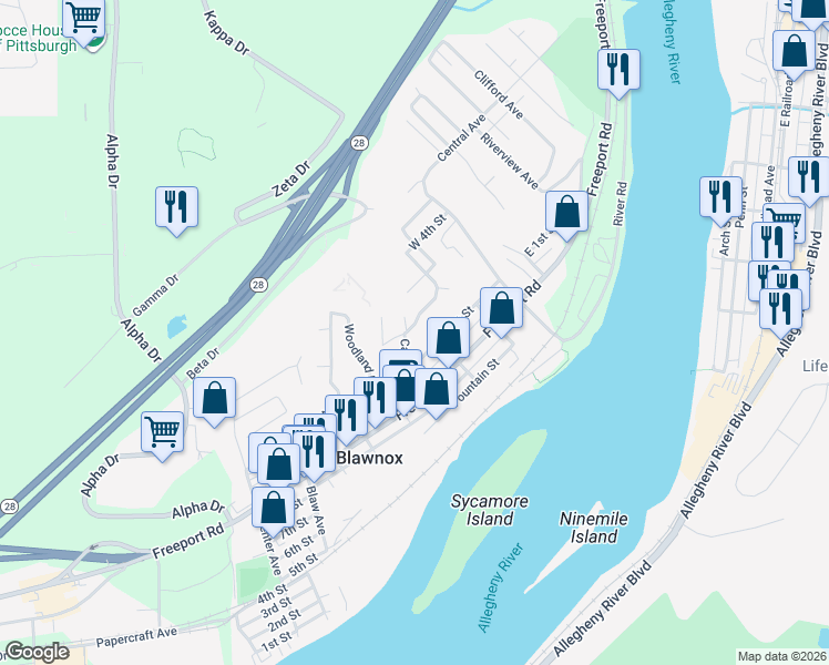 map of restaurants, bars, coffee shops, grocery stores, and more near 100 Mattier Drive in Pittsburgh