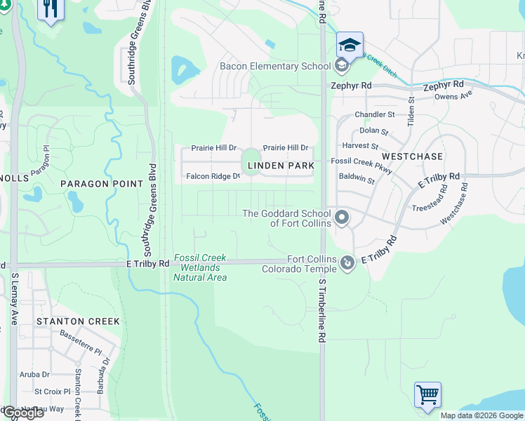 map of restaurants, bars, coffee shops, grocery stores, and more near 6398 Red Willow Drive in Fort Collins