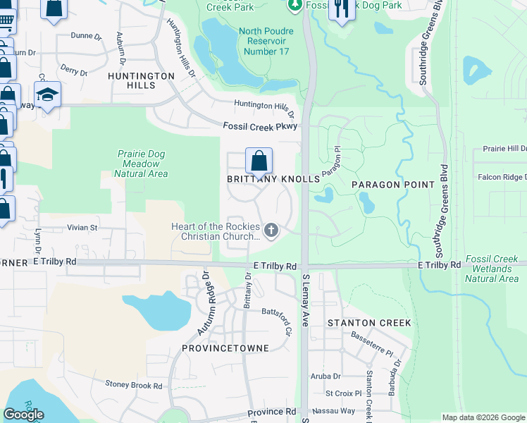 map of restaurants, bars, coffee shops, grocery stores, and more near 6409 Buchanan Court in Fort Collins