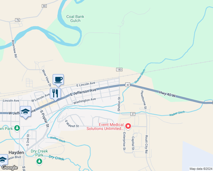 map of restaurants, bars, coffee shops, grocery stores, and more near 155 North Maple Street in Hayden