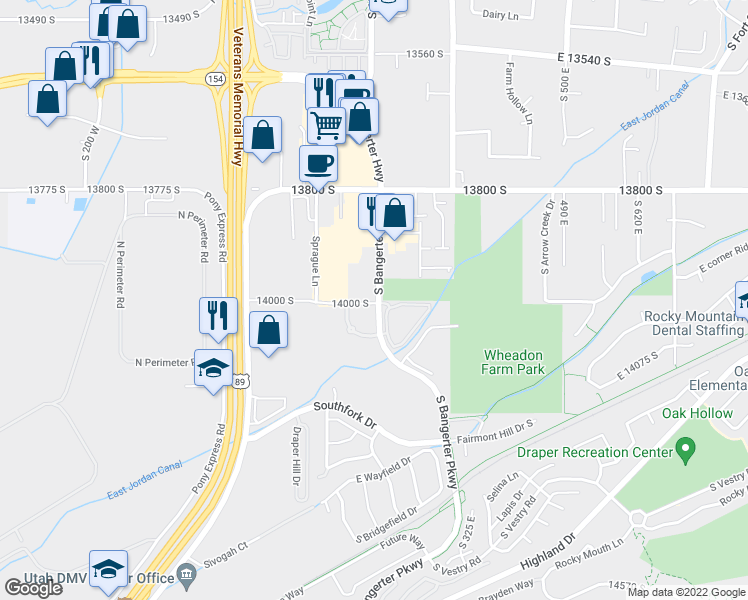 map of restaurants, bars, coffee shops, grocery stores, and more near 206 14000 South in Draper