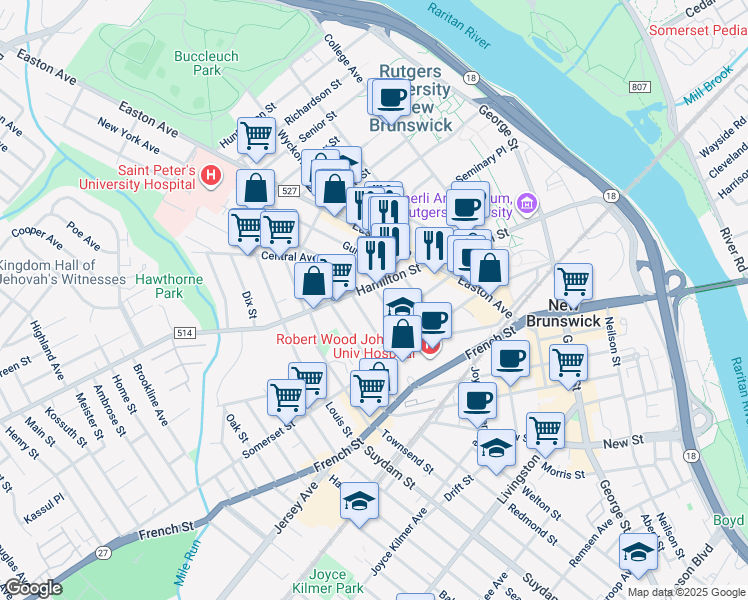 map of restaurants, bars, coffee shops, grocery stores, and more near 48 Division Street in New Brunswick