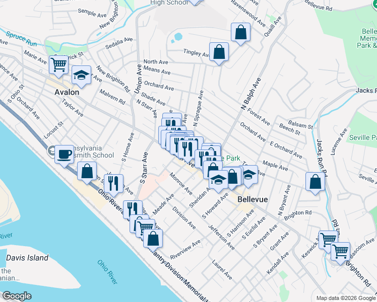 map of restaurants, bars, coffee shops, grocery stores, and more near 537 Bayne Avenue in Pittsburgh