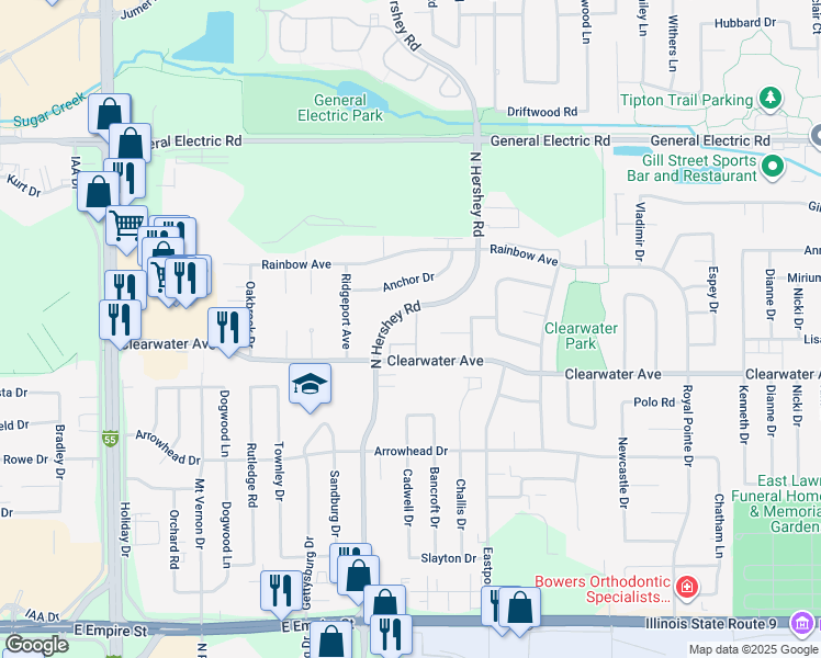 map of restaurants, bars, coffee shops, grocery stores, and more near 1501 North Hershey Road in Bloomington
