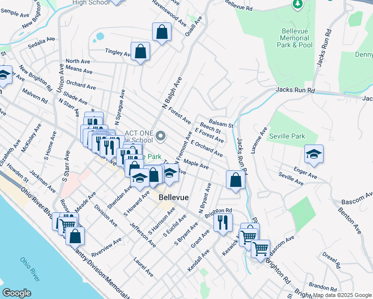 map of restaurants, bars, coffee shops, grocery stores, and more near 104 North Fremont Avenue in Pittsburgh