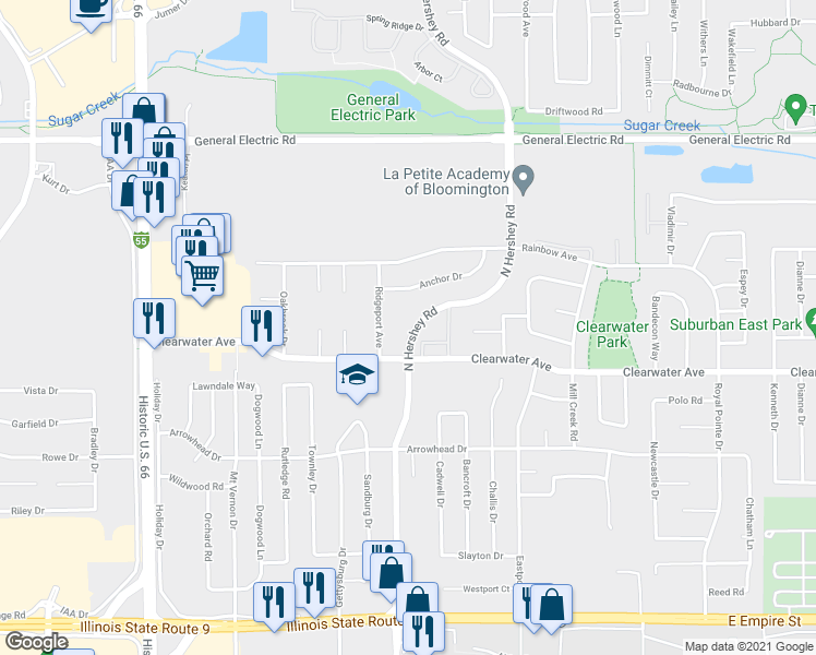 map of restaurants, bars, coffee shops, grocery stores, and more near 1412 North Hershey Road in Bloomington